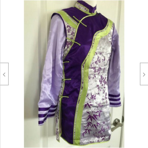 Cheongsam QiPao Long Sleeve Tunic Top Purple Green Bamboo Satin Brocade - Picture 2 of 9